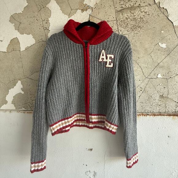American Eagle Cardigan Hoodie Y2K Varsity Knit AE Sweater Jacket Gray Red S - Picture 1 of 6